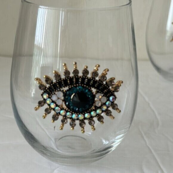 ! Rachel Zoe 2 Pc Jewel Rhinestone Hamsa Evil Eye Stemless Wine Glasses - Picture 7 of 10